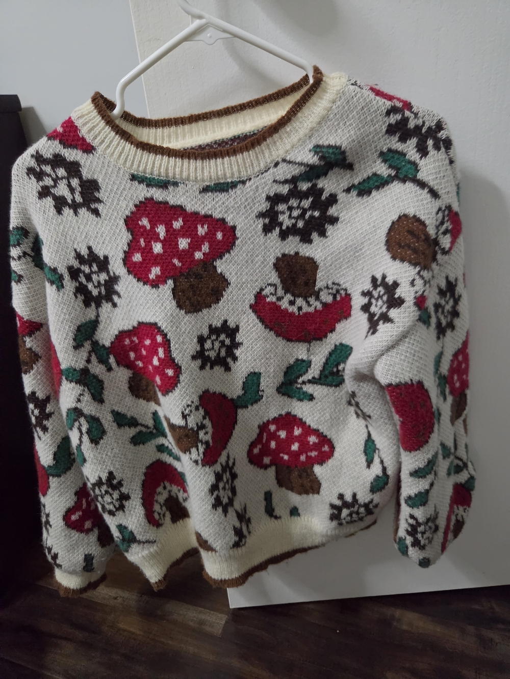 Cream Mushroom Knit Sweater with Red Accents - Unbranded